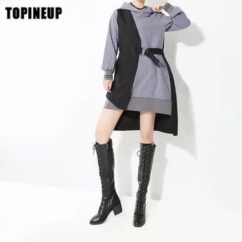 

Women spring autumn Patchwork hooded long sleeve dress fashion Loose Casual irregular Female dress