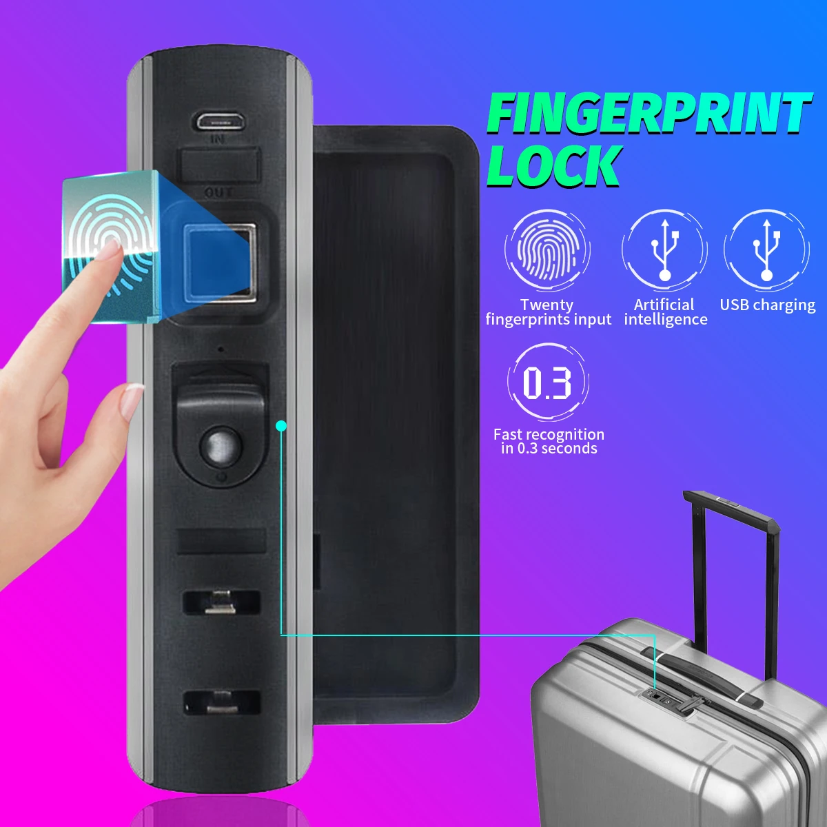 

Portable Luggage Fingerprint Lock Tie-rod Box Luggage Suitcase Backpack Embedded Lock Black Rechargeable Luggage Lock for Travel