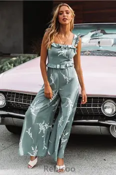 

New Summer Floral Print Chiffon Rompers Jumpsuits Women's Sexy Lace-up Backless Wide Leg Pants Loose Playsuit Overalls 2XL