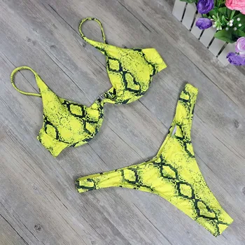 

Seenimoe 2020 New Yellow Snake Print Bikini Sexy Deep V-neck Micro Swimsuit Female Bathing suit Push up Swimwear Women