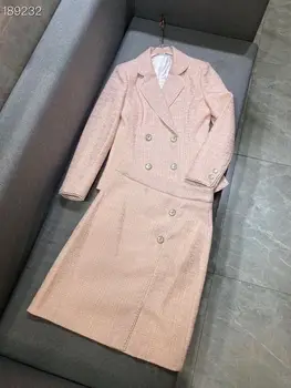 

2020 Runway Women Blazer Suit 2 Pieces Set Autumn Elegant Fashion Double-breasted OL Lady Skirt Tweed Blue / Pink Suits