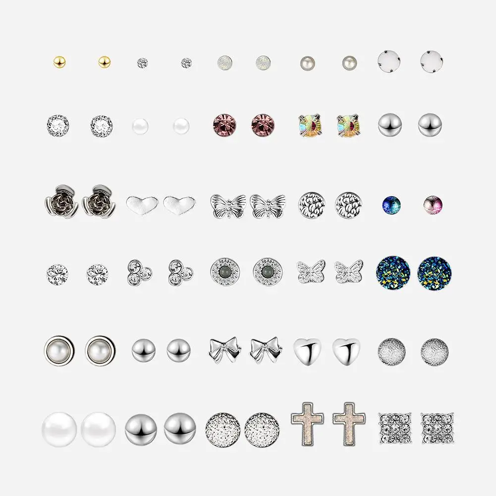 30 Pairs/Set Flowers Infinite Symbol Heart Stud Earrings imitation Pearl Rhinestone Charm Stud Earrings Women Jewelry