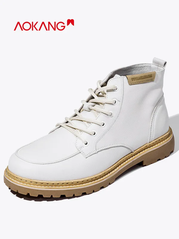 

Aokang New Style 2019 Autumn And Winter Men Casual Simple High Shoes Lace-up Solid Color Rubber Sole Genuine Leather Trend MEN'S
