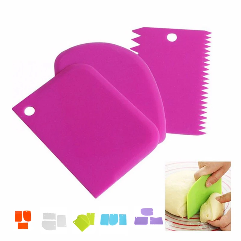  3Pc Baking Pastry Tools Plastic Cutting Dough Knife Icing Scraper Decorating Plain Smooth Jagged Ed