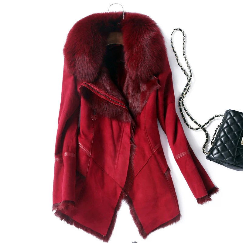 rf2034 Women Genuine Leather Jacket Real Fox Fur Collar Sheepskin Jacket Women Shearling Coat Real Leather Jacket - Цвет: Красный