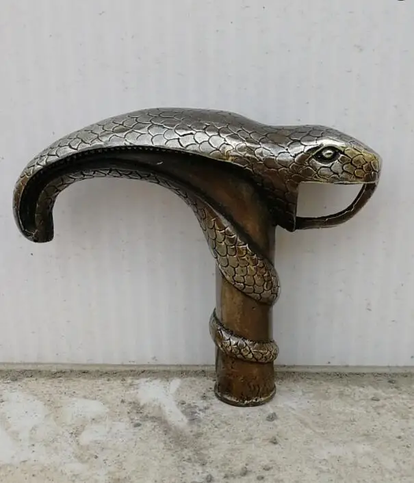 Chinese Old Bronze Hand Carved Cobra Statue Cane Walking Stick Head 