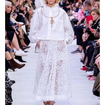 

Cosmicchic 2020 Elegant Lace Maxi Skirt Spring Summer High Waist Long Pleated Skirts Fashion Runway Designer White Boho Skirts