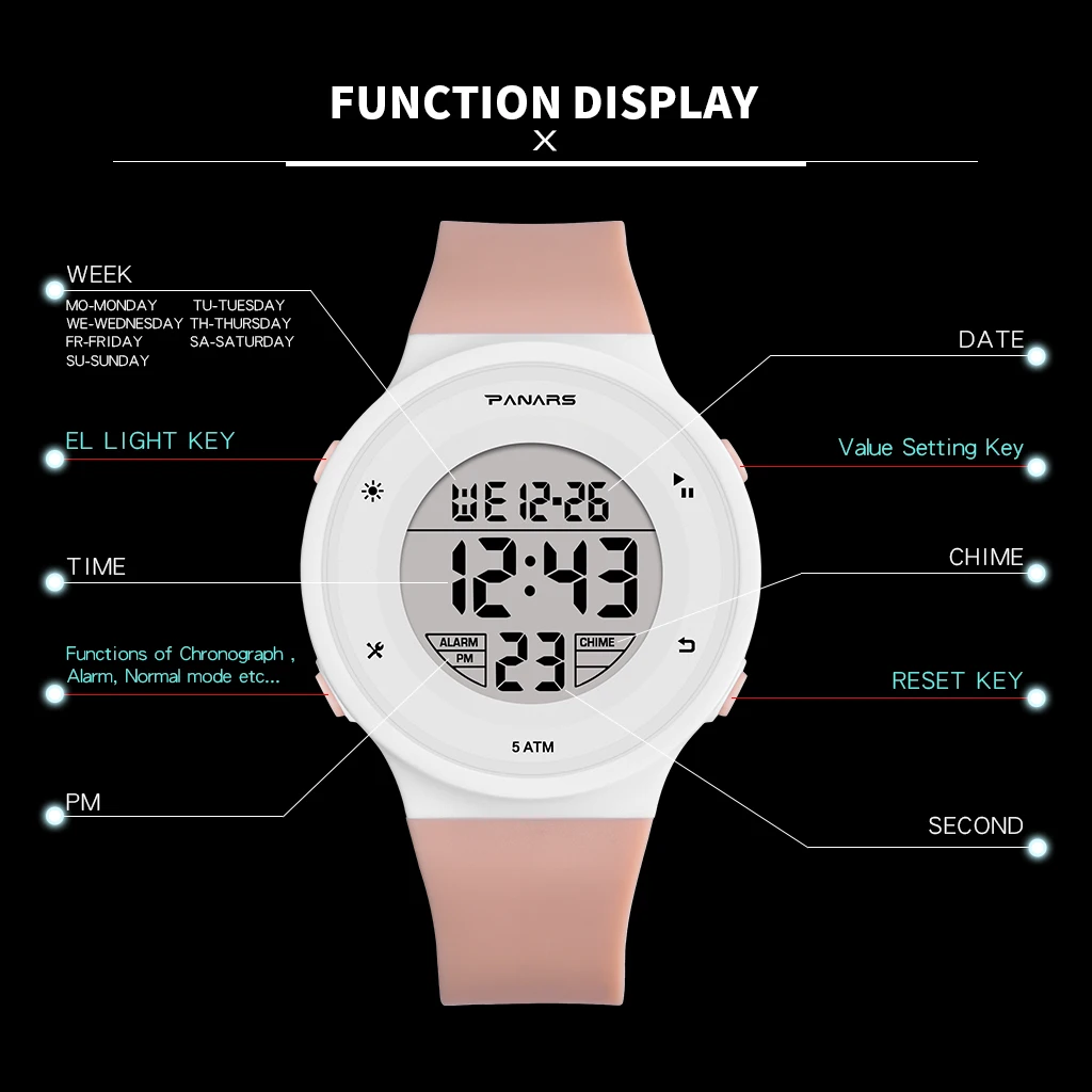 PANARS Kid Digital Watches Sports Children Waterproof LED Colorful Luminous Multifunctional Boy Girl Student Plastic Pink 4