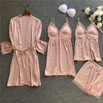 

Summer Women Pajama Sets 4 Pcs Sexy Lace Pyjamas Women Satin Silk Sleepwear Elegant Pijama with Chest Pads Homewear