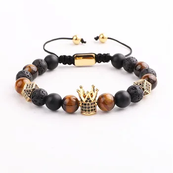 Dropship New Design Natural Stone CZ Pave Crown Charm Tiger Eye Lava Stone Macrame Bracelet Men Jewelry Gift