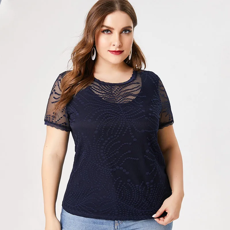 Top de encaje de manga corta para mujer, moda informal, Tops de talla grande con huecos para mujer 2021