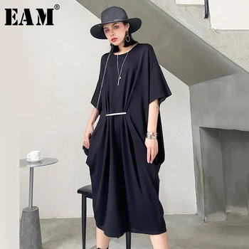 

[EAM] Women Black Brief Pleated Big Size Dress New Round Neck Half Sleeve Loose Fit Fashion Tide Spring Summer 2020 1T085