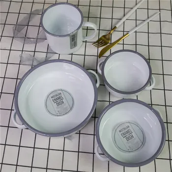 

Premium Enamel Mug Milk Bowl Double Ear Deep Plate Grey Edge White Mug Medicine Mug