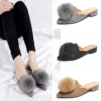 

Baotou Woman Rough Ball With Sharp Slipper Dawdler Fur Sandals Soild Color Elgant Ladies Shoes