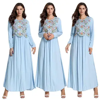 

Muslim Women Embroidery Abaya Long Sleeve Maxi Dress Robes Kaftan Dubai Vintage O-neck 2019 Arab Gown Dress Islamic Clothing New