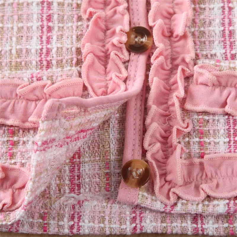 Зимняя одежда для маленьких девочек, розовое клетчатое пальто с круглым вырезом, Топы+ юбка-пачка, торжественные наряды