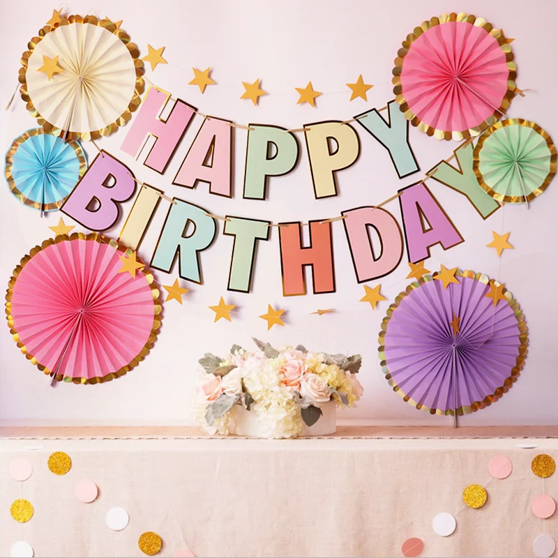 Party Decorations Birthday Banner Birthday Streamers HAPPY BIRTHDAY Banner Macaron Candy Pastel Garland Bunting Boy Girl Baby Shower 1st Birthday Pastel Party Decoration Christening