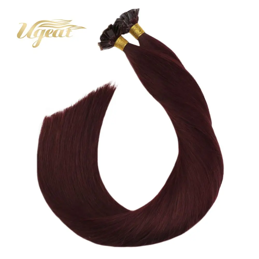 

Ugeat Pre-Bonded Fusion Hair Flat Tip Hair Extensions #99J Wine Red Color Hair 14-24" Non-Remy Brazilian Human Hair 50-100G