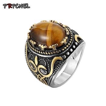 

New arrivals Men's Vintage Oval Tiger eye Ring 316L Stainless Steel Retro pattern Flower Wedding Band Rings Jewelry for Man
