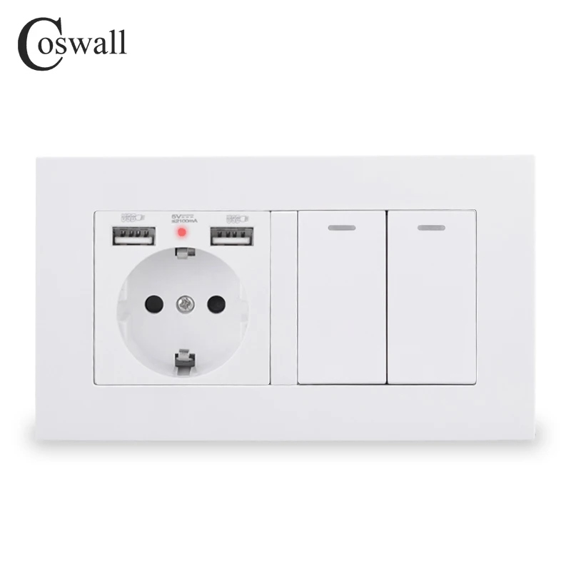 White COSWALL Европейская стандартная настенная розетка с заземлением с 2 USB зарядным портом скрытый мягкий светодиодный+ 2 банды 1 способ включения/выключения выключателя света панель ПК - Тип: White