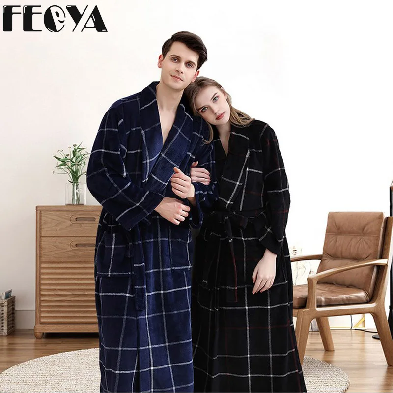 

Winter Thick Warm Plaid Lovers Couple Coral Fleece Robe Women Men Nightgown Bath Gown Female Large Size Long Sleepwear Nightwear