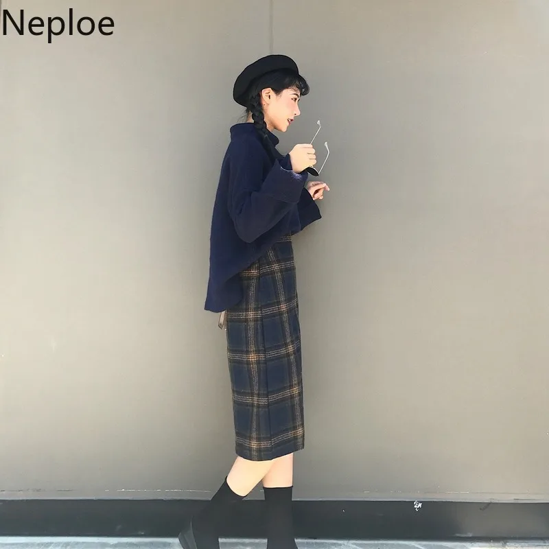 Neploe, Ретро стиль, высокая талия, трапециевидная юбка в клетку, в полоску, Осень-зима, шерстяная Женская одежда, осень-зима, верхняя одежда, Faldas Mujer 48012