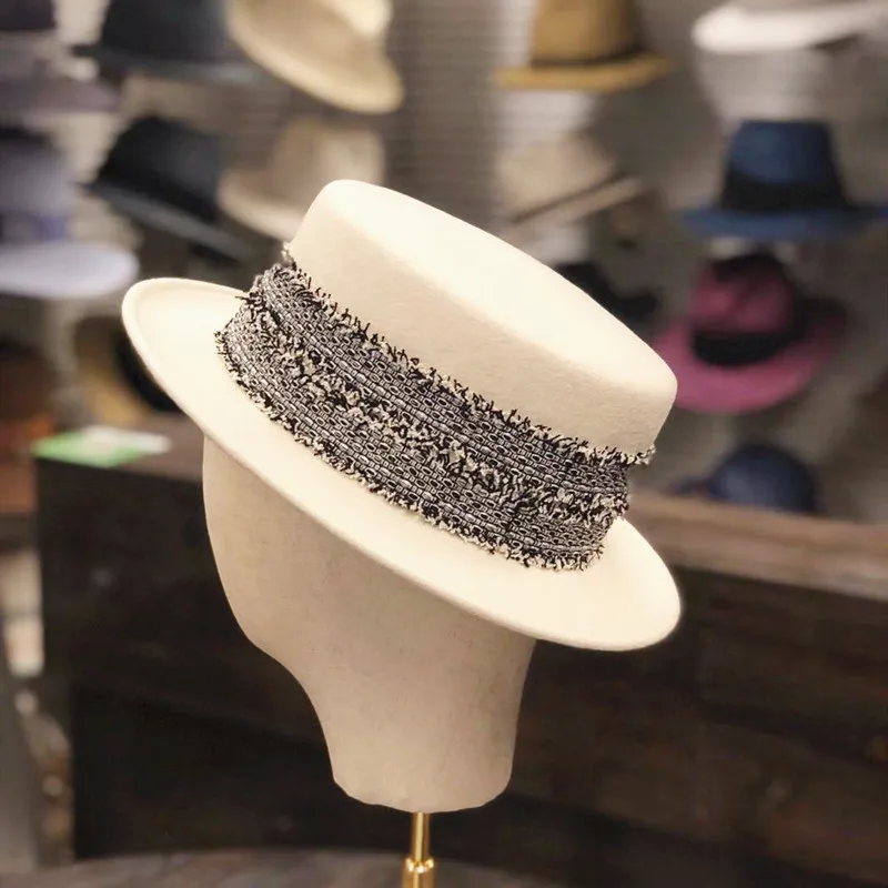 

01912-HQ-FW038251 solid white wool plaid ribbon small brim fedoras cap women panama jazz hat