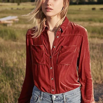 

New Pocket gold velvet silk top women s spring 2020 loose long sleeve velvet shirt