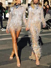 

2021 Silver Rhinestone Fringes DJds Club Party Show Model Web Celebrity Evening Outfit Bar Singer Mirror Birthday Tassels Dress