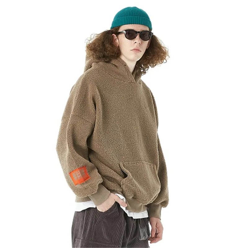 

Men Loose Casual Thick Fleece Faux Lambswool Hooded Pullover Sweatshirts Male Streetwear Hip Hop Hoodie Outerwear
