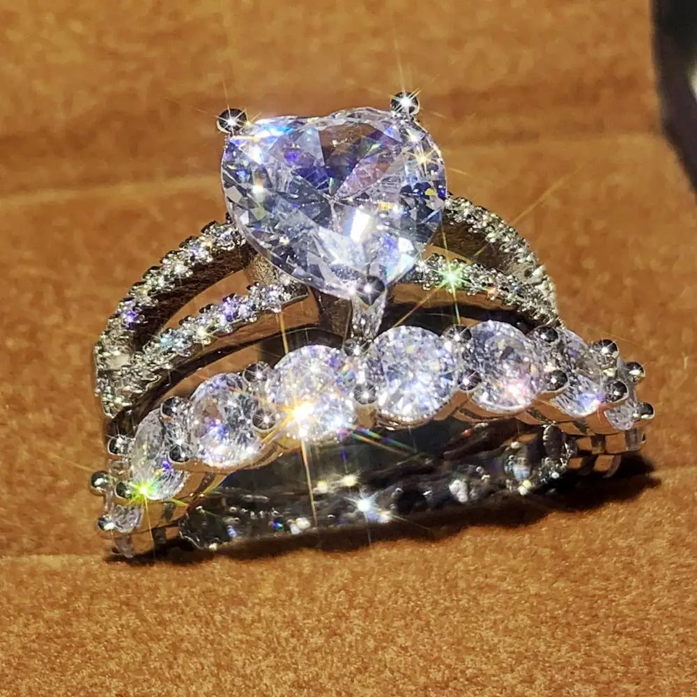 

Size 5-12 Top Selling Luxury Jewelry 925 Sterling Silver Heart Shape 5A Cubic Zirconia Couple Rings Party Women Wedding Ring Set