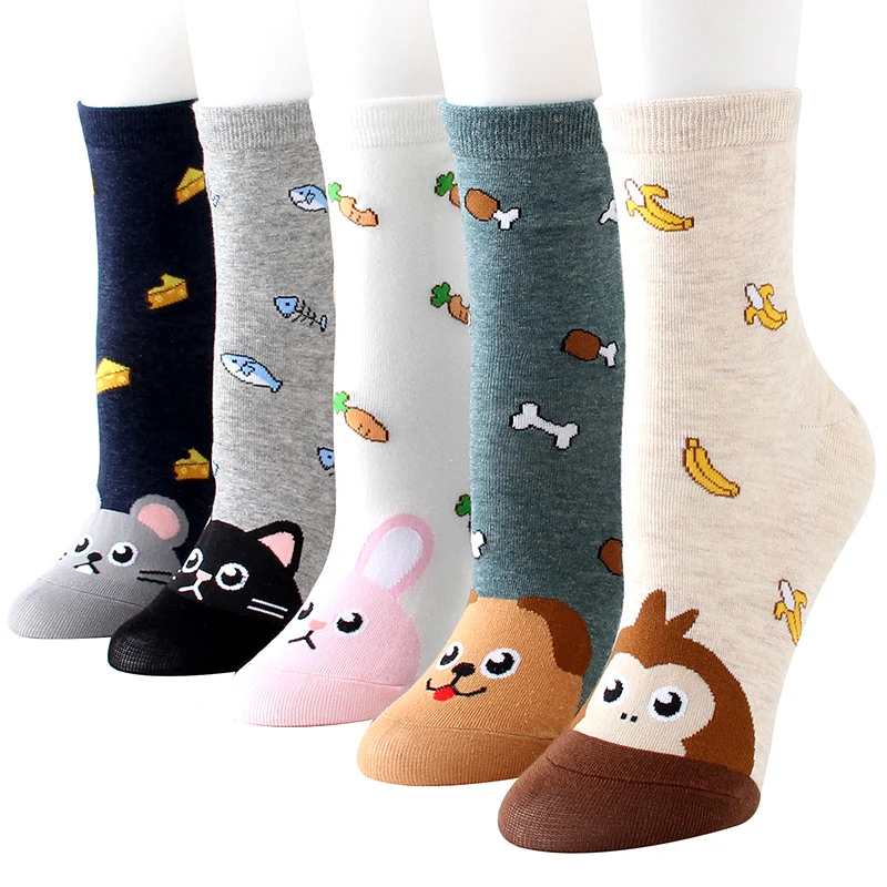 5 пар/лот, женские носки с героями мультфильмов, хлопчатобумажные забавные носки с рисунками животных и фруктов, теплые носки с милым разноцветным рисунком на зиму и осень