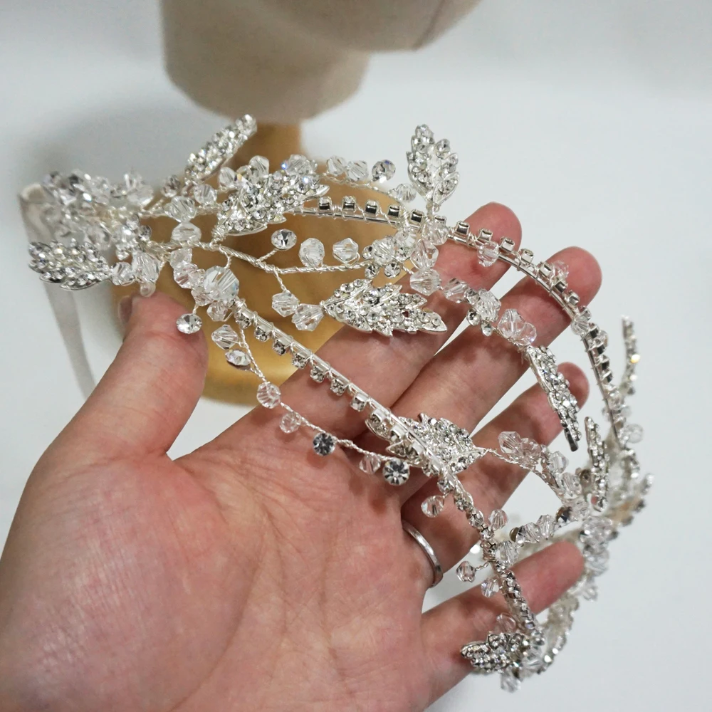 Luxury Crystal Bridal Tiara Antique Silver Leaf Wedding Crown Handmade Headband Party Prom Hair Jewelry Brides Accessories