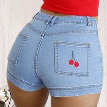 

Women Summer Cherry Print Short Jeans High Waist Denim Female Pockets Wash Denim Shorts Short Pants Woman Summer Women's Pants