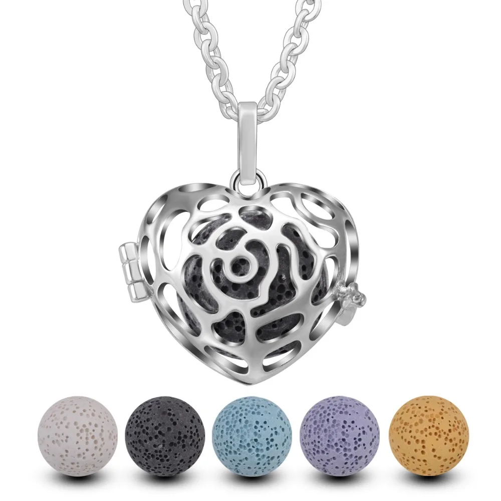Eudora Rose Heart design Cage Essential Oil Aroma diffuser Pendant Necklace colorful Volcanic lava stone ball or chime ball H164