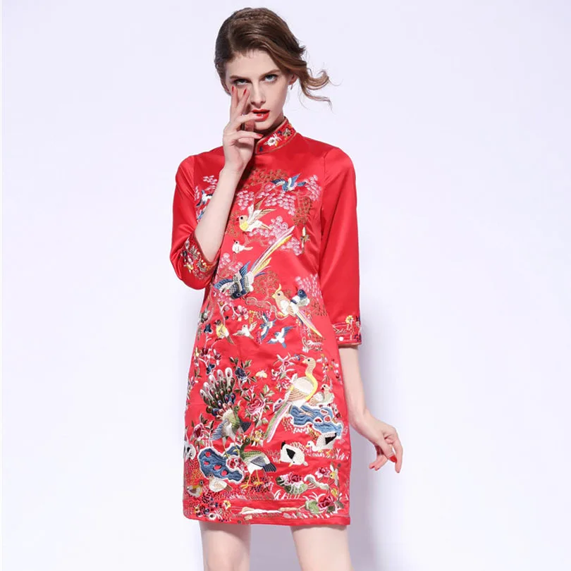 Новое осеннее платье китайский стиль Ретро Вышивка стоячий воротник cheongsam тонкое свадебное вечернее платье S-3XL