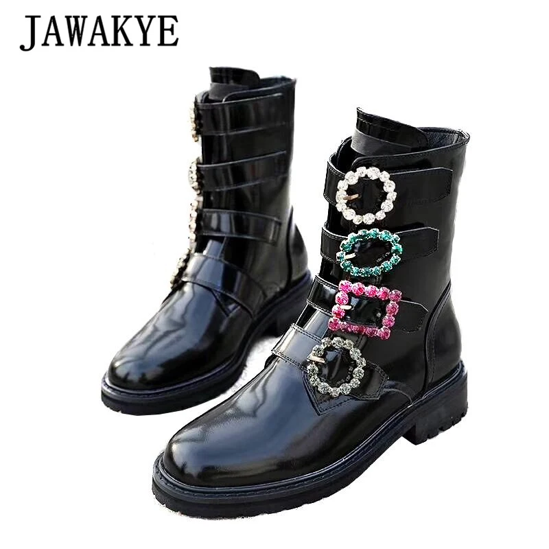

JAWAKYE colorful Crystal Buckle Leather Ankle Boots Women Chunky Heels Short cowboy Boots Flat Winter shoes woman botas feminina