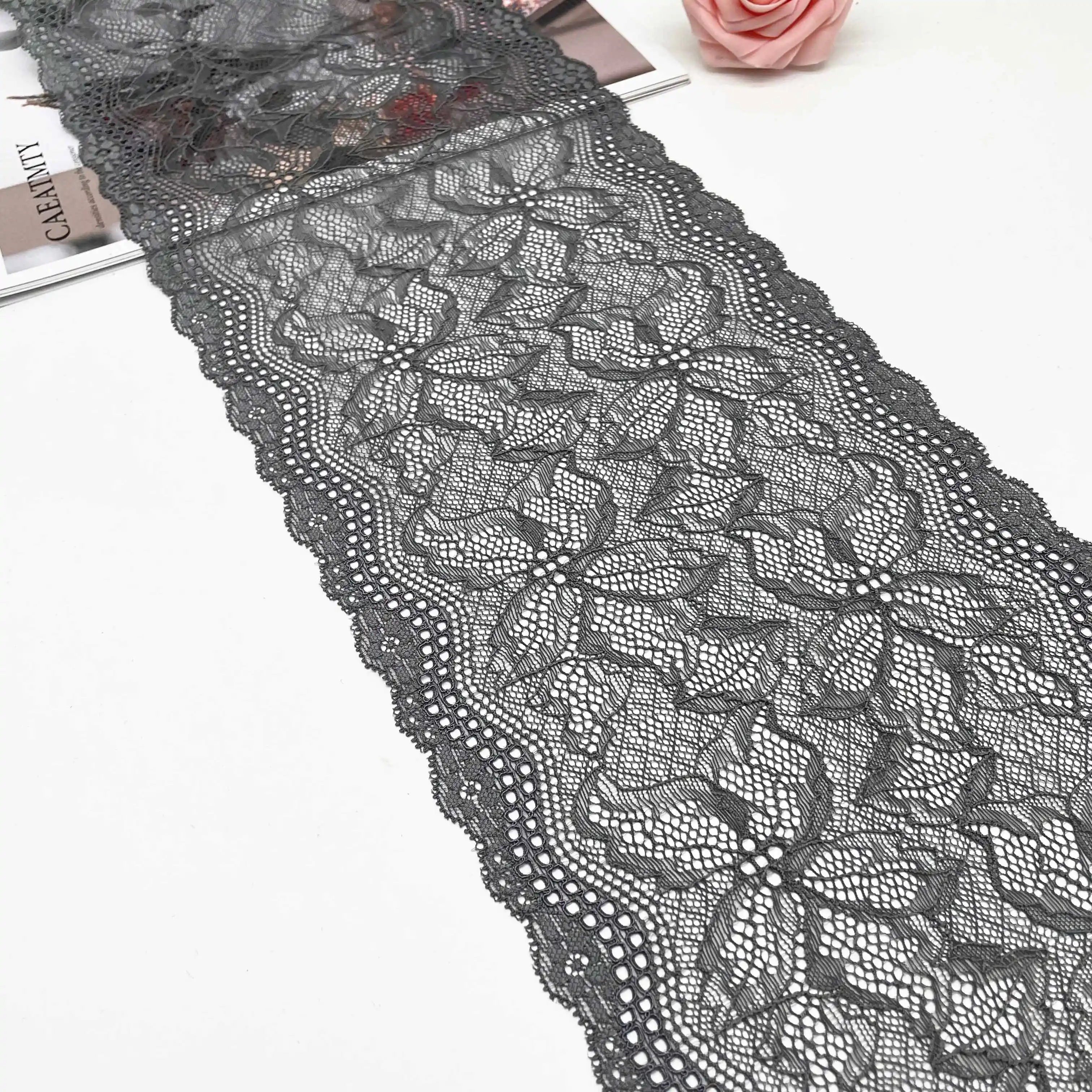 3y/lot Width 7 1/2 inch (19cm) Grey Elastic Stretch Lace Trim 1