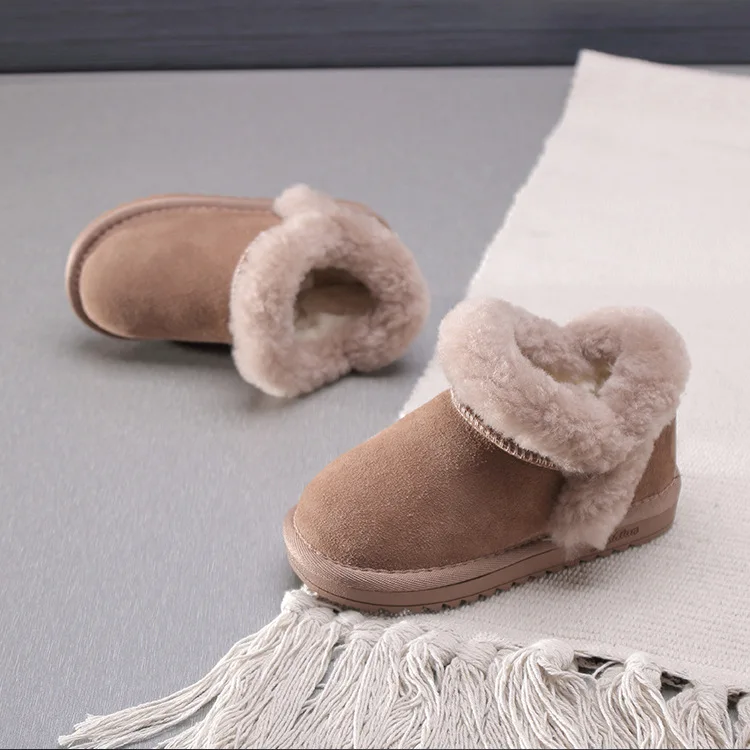 Kids Snow Boots Leather Winter Fur Shoes Girls Boots Low Top Children Boots Boys Botas Solid Color Warm Shoes Botte Enfant Fille