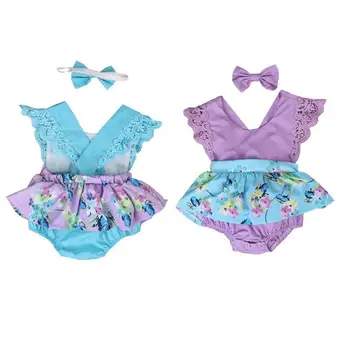 

2020 Baby Summer Clothing 0-18M Newborn Baby Girl Cotton Short Baby Clothing Set Floral Ppen Back Jumpsuit Headband Dropshipping