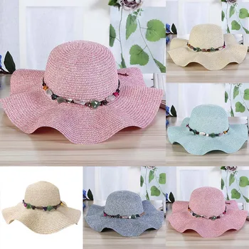 

Women Big Wide sun hats with wide brim for women Brim Straw Hat Colorful Stone Design Beach Sun Foldable Cap gorro verano mujer