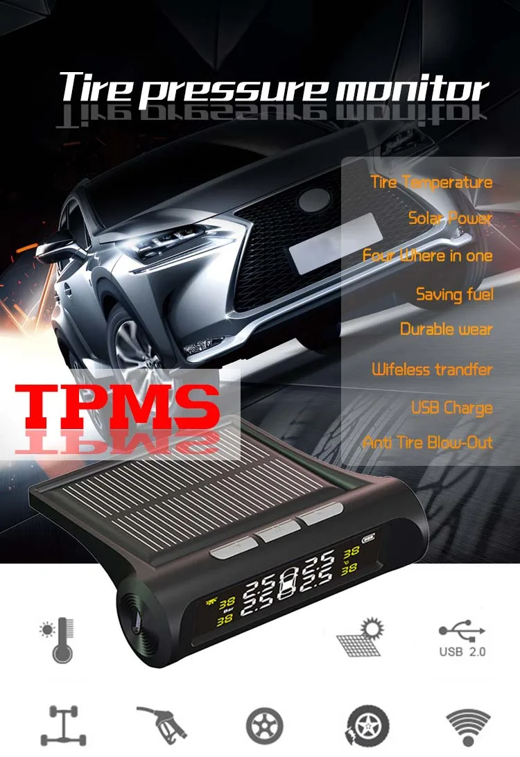 

Car solar TPMS tire pressure monitor Wireless Tire Pressure Monitoring alarm System With LCD color display External sensor