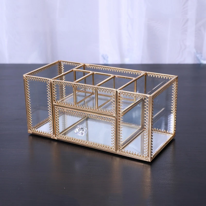 Make Up Storage Baskets Vintage Golden Polygon Shaped Organizer Brass Tone Clear Glass Ornate Jewel