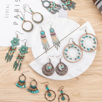 

Bohemian Style Earrings For Women Vintage Ethnic Bronze Round Natural Stones Long Metal Tassel Fringe Earrings Statement Jewelry