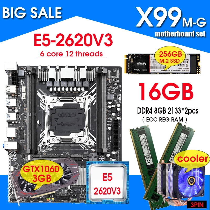 X99 motherboard combos LGA2011 V3 E5 2620 V3 Processor 2pcs 8GB 2133