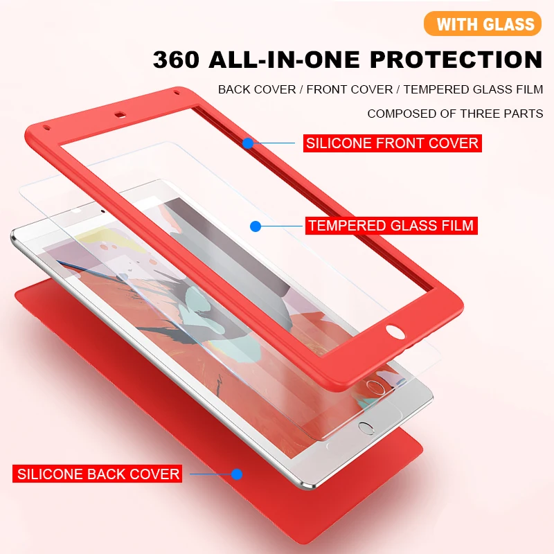 Силиконовые 360 Полное покрытие чехол для ipad чехол для ipad 10,2 для ipad mini, 4, 5, чехол для ipad Pro 10,5 воздуха на возраст 1, 2, 3, со стеклом