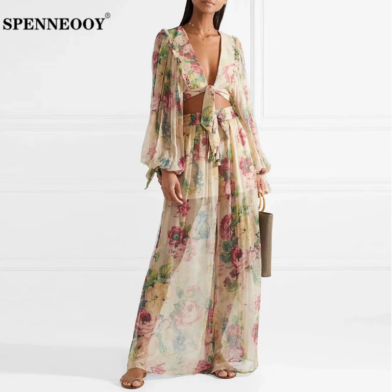 

SPENNEOOY Designer Custom Runway Women Summer Boho Beach Silk Set Lantern Sleeve Sexy V-Neck Coat And Printed Pants Two-Piece