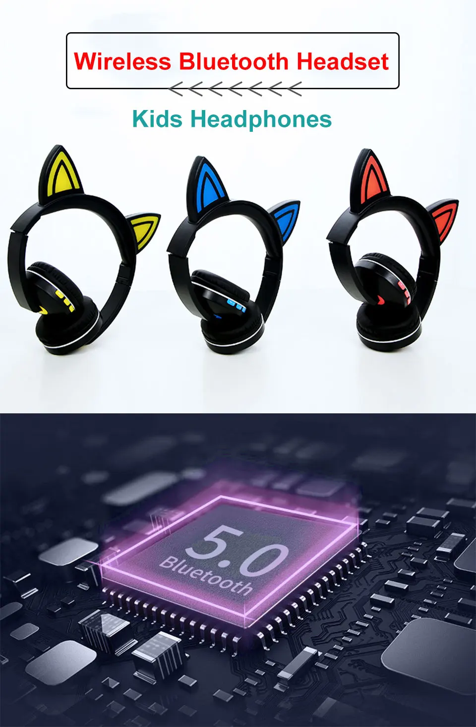 Беспроводные Bluetooth детские наушники с микрофоном светодиодный кошачьи уши головная повязка с шумоподавлением для компьютерных игр PS4 мобильный телефон