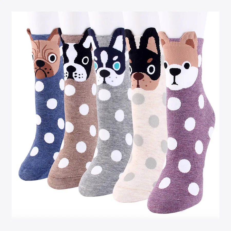 5 пар/компл. с милой собачкой уши дизайнерские носки для Для женщин в горошек с рисунком Повседневное хлопковые короткие носки женские забавные Стиль