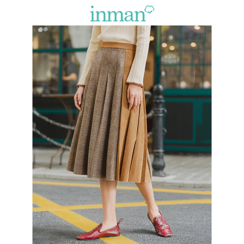 

INMAN Winter Literary Personality Split Contrast Color Plated Women Skirt